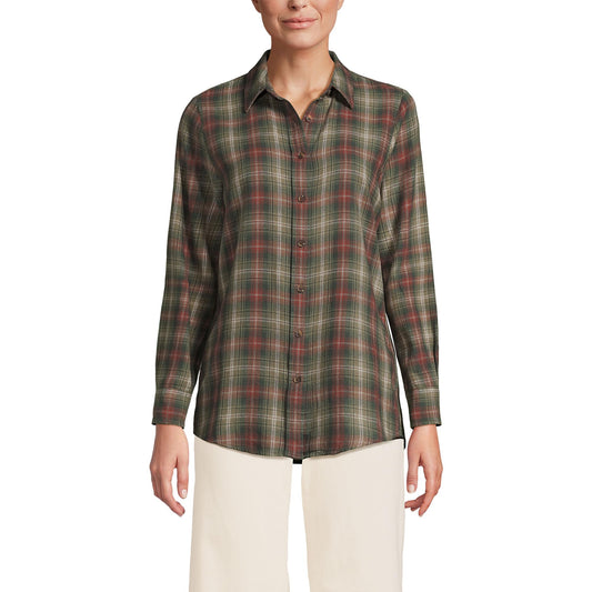 Lands' End Womens Flannel Boyfriend Long Sleeve Shirt Sunwashed Olive Multi Plaid Tall Large