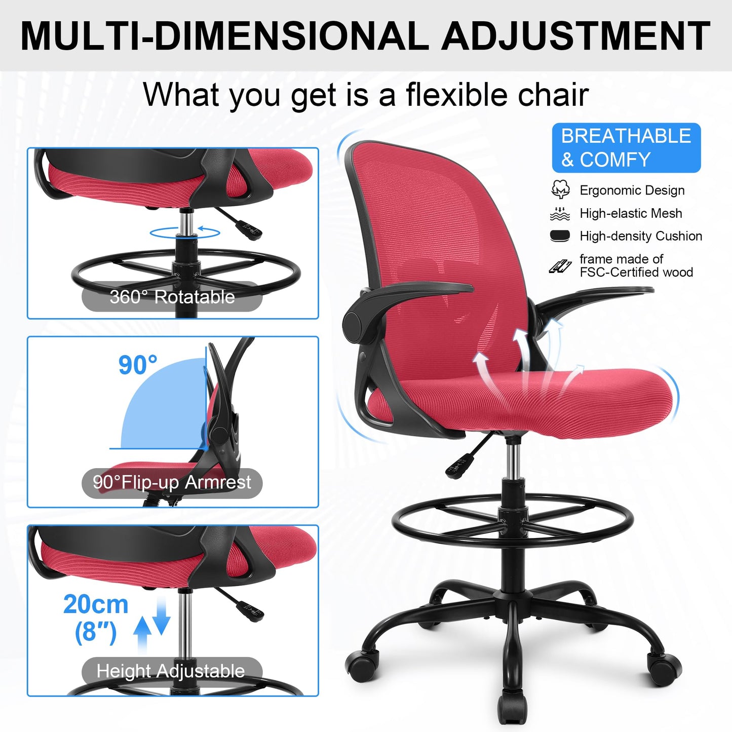 Primy Drafting Chair Tall Office Chair with Flip-up Armrests Executive Ergonomic Computer Standing Desk Chair with Lumbar Support and Adjustable Footrest Ring (Fire Brick)