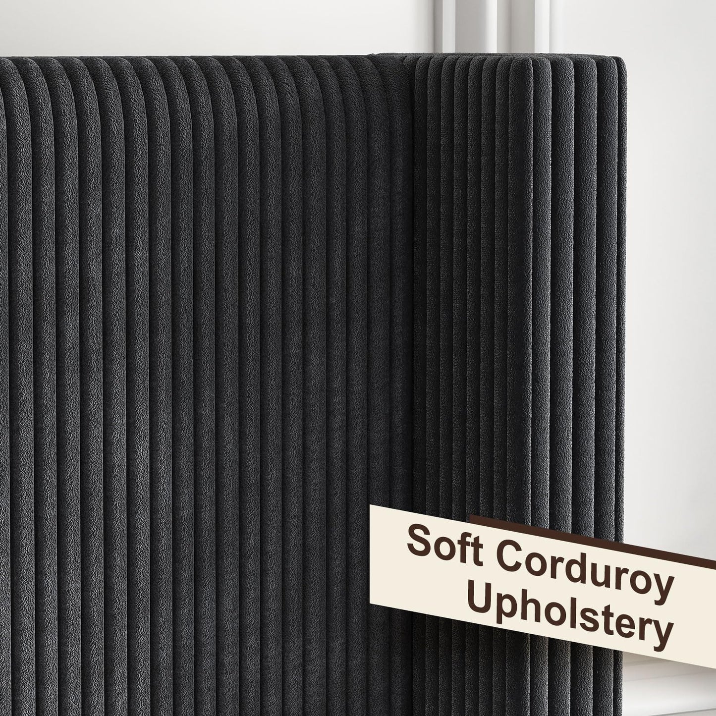 HOWE California King Size Upholstered Bed Frame, Wingback Platform Bed with 50.8" Headboard, Corduroy/Solid Wood Leg/No Box Spring Needed/Noise Free/Black