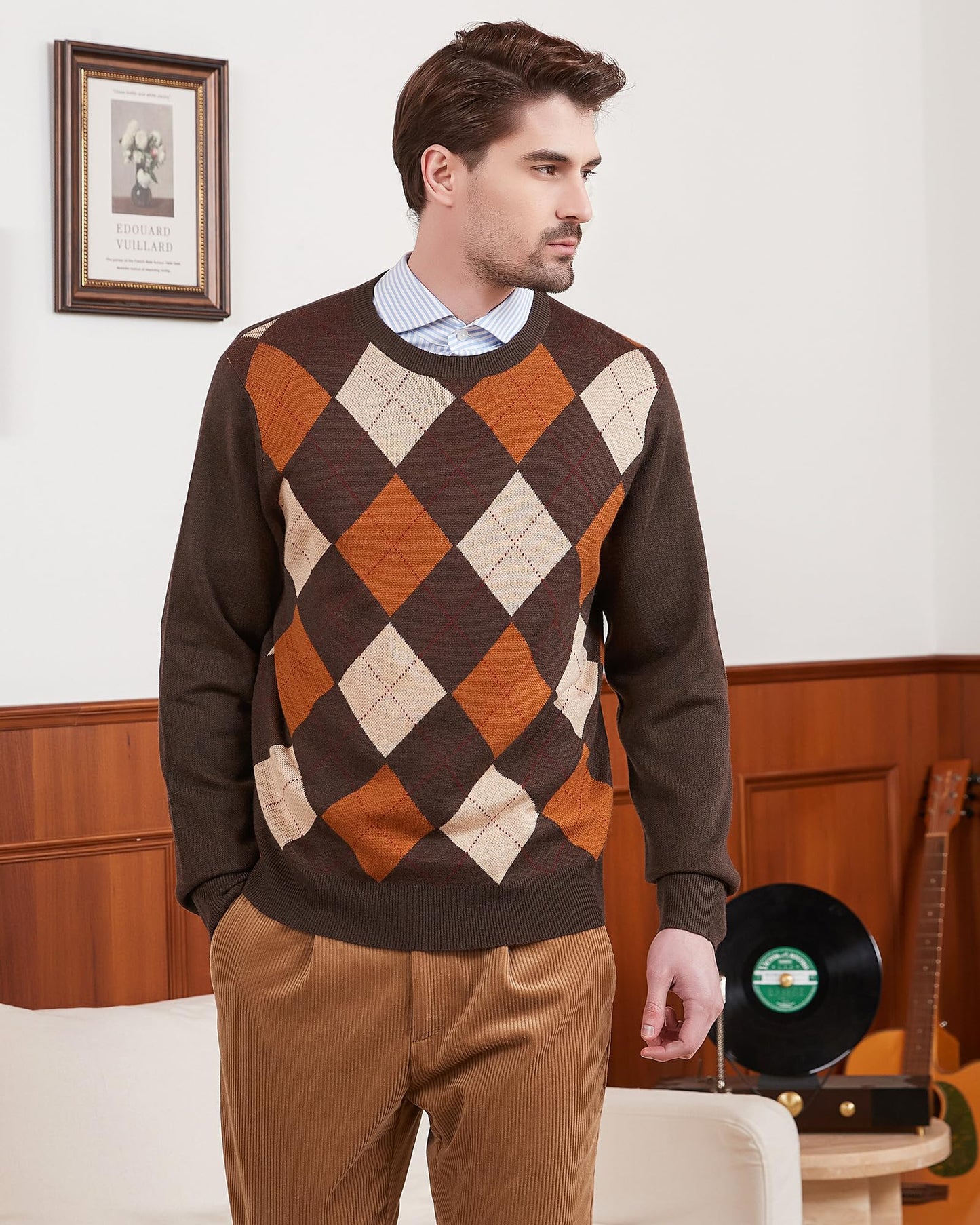 Kallspin Men's Wool Blend Crewneck Sweater Argyle Long Sleeve Pullover Sweater for Casual Or Dressy Wear(Brown,L-Tall)