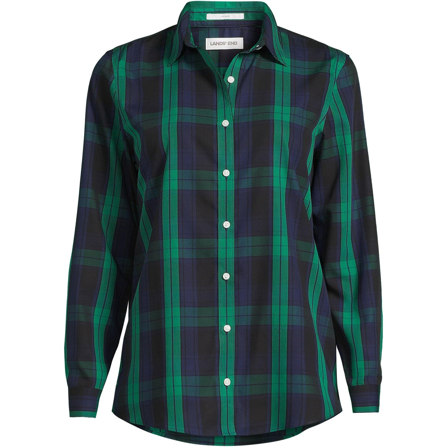 Lands' End Womens LS No Iron Button Front Shirt Rich Clover/Navy Plaid Tall 16