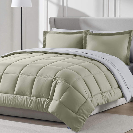Nestl 7 Piece California King Comforter Set – Light Sage Reversible Bed in a Bag – Complete Cal King Size Bedding Set with Sheets, Pillowcases and Shams