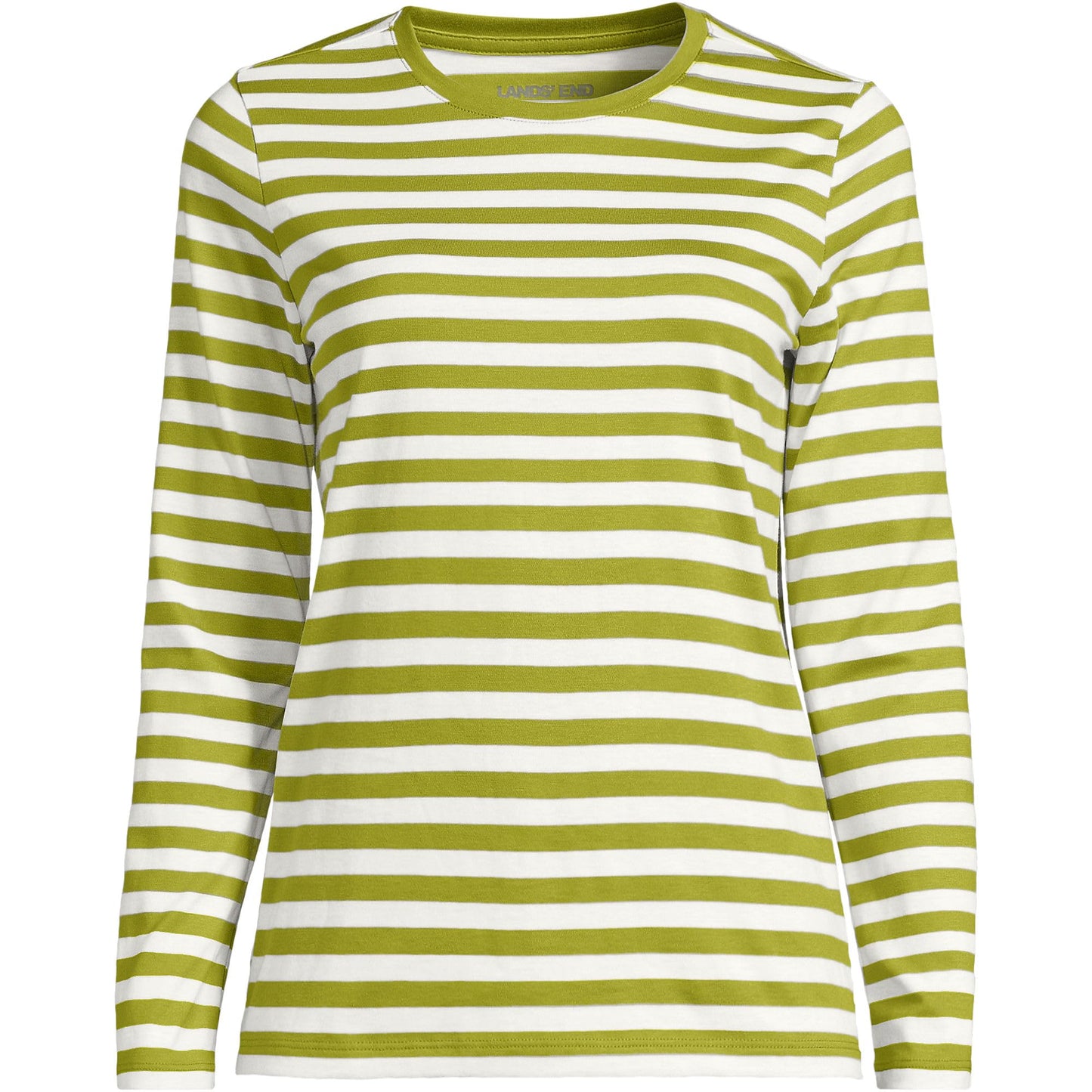 Lands' End Womens Long Sleeve Relaxed Supima Cotton Crew Neck T Shirt Vintage Lime Even Stripe Tall X-Large