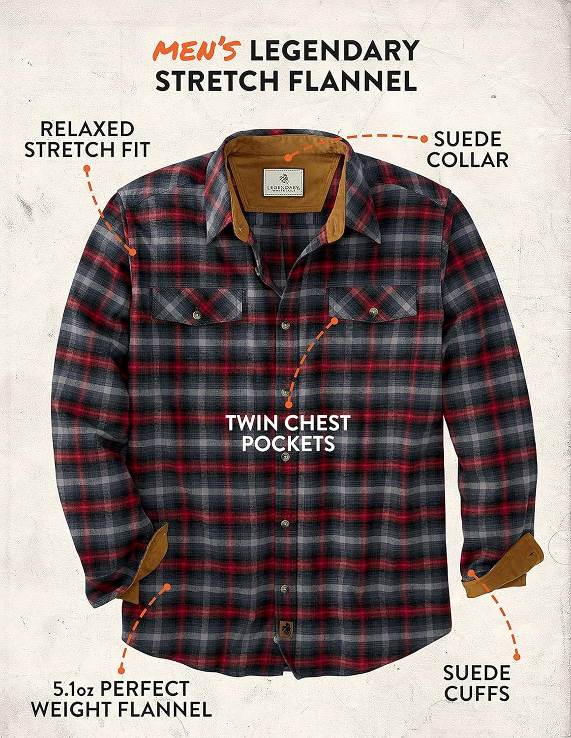 Legendary Whitetails Men's Flannel Shirt Long Sleeve Button Down Relaxed Fit, Banner Crimson Plaid, Large Big Tall