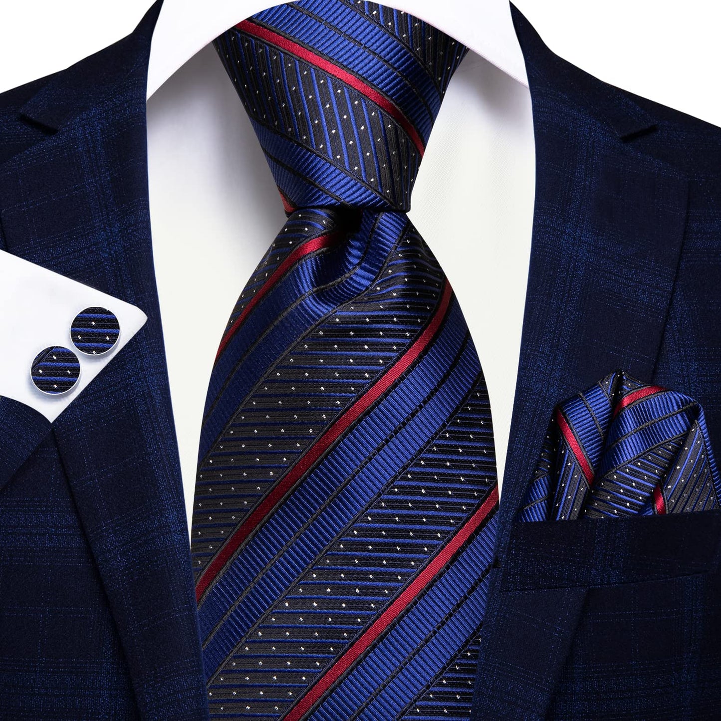 Hi-Tie Men's Neckties Silk Blue Extra Long Ties for Men 70 Inch Men's Ties and Pocket Square Cufflinks Set for Wedding
