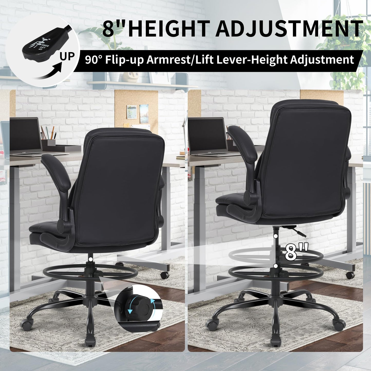 Misolant Drafting Chair, Tall Office Chair for Standing Desk, High Leather Executive Office Chair with Adjustable Height and Flip-up Armrest for Counter Height Desk