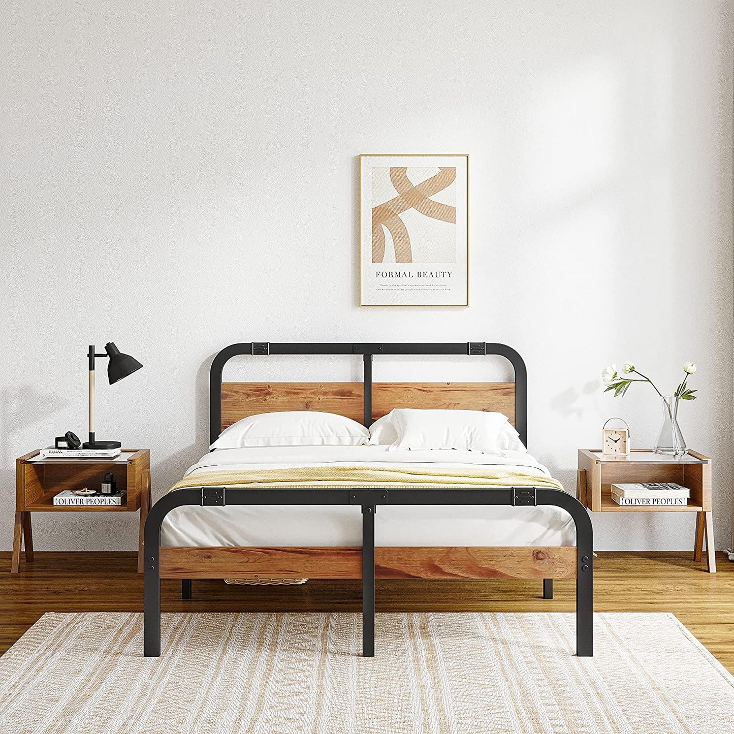 ZIYOO Industrial Style California King Metal Bed Frame with Solid Wood Headboard and Footboard, 14 Inch High Heay Duty Steel Slats Support No Box Spring Needed，Easy Assembly Structure