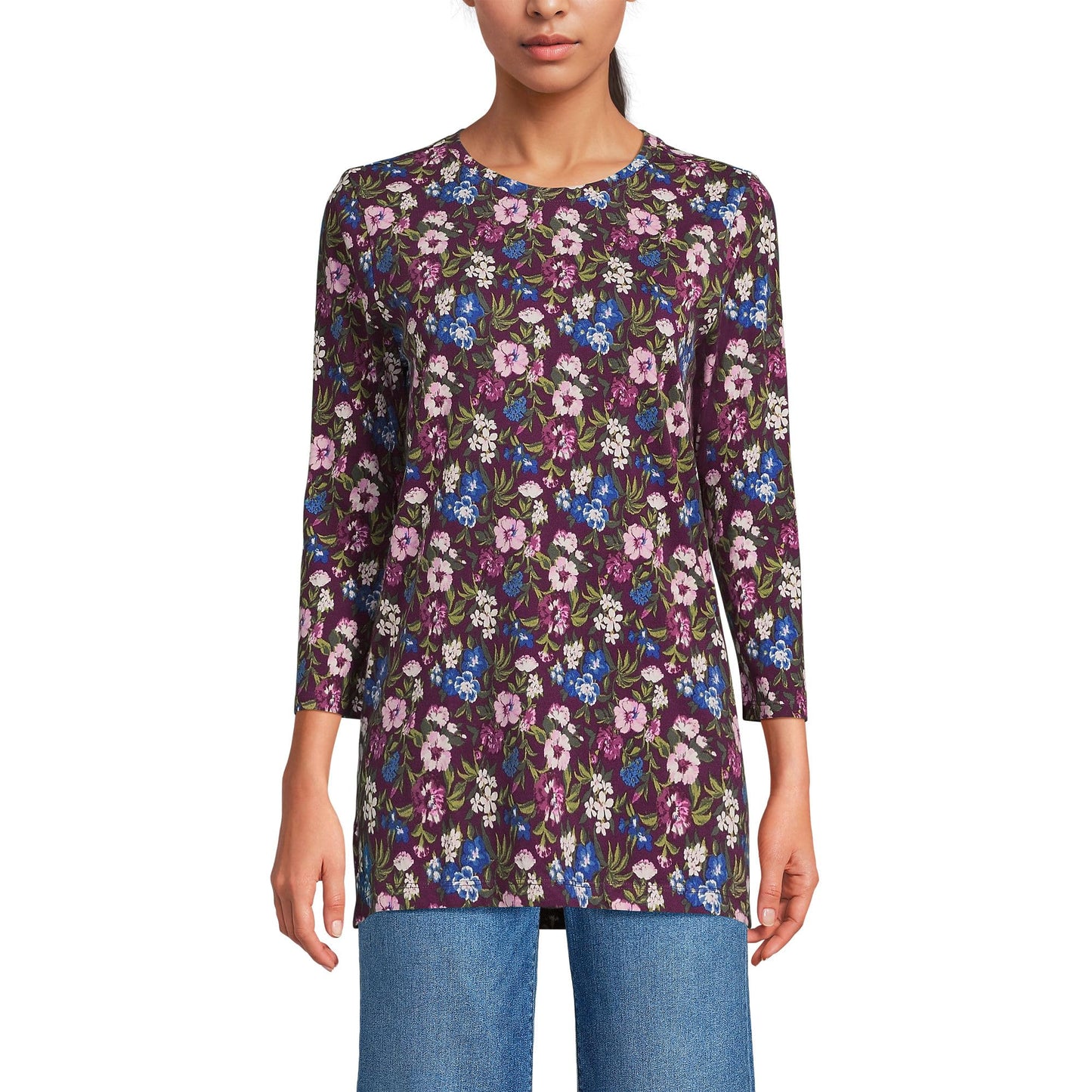 Lands' End Womens 3Q Cotton Supima Crew Neck Tunic Vivid Plum/pink Multi Floral Tall Small