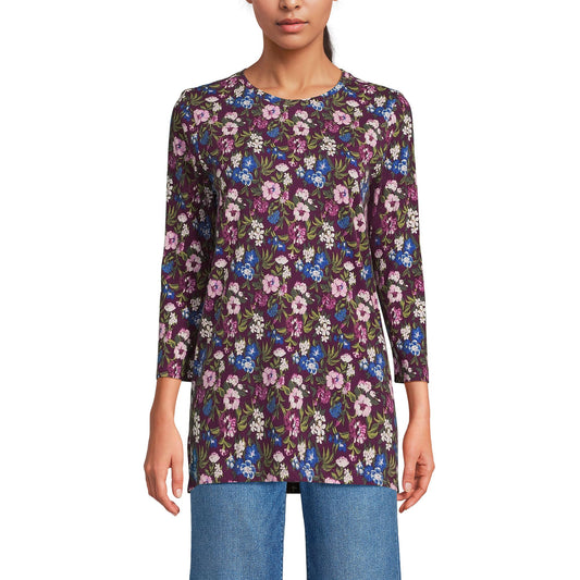 Lands' End Womens 3Q Cotton Supima Crew Neck Tunic Vivid Plum/pink Multi Floral Tall Small