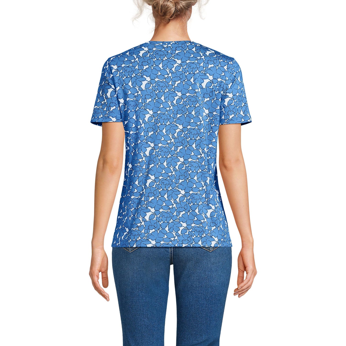 Lands' End Womens Short Sleeve Relaxed Supima Cotton Crew Neck T Shirt Paradise Blue Tossed Floral Tall Medium
