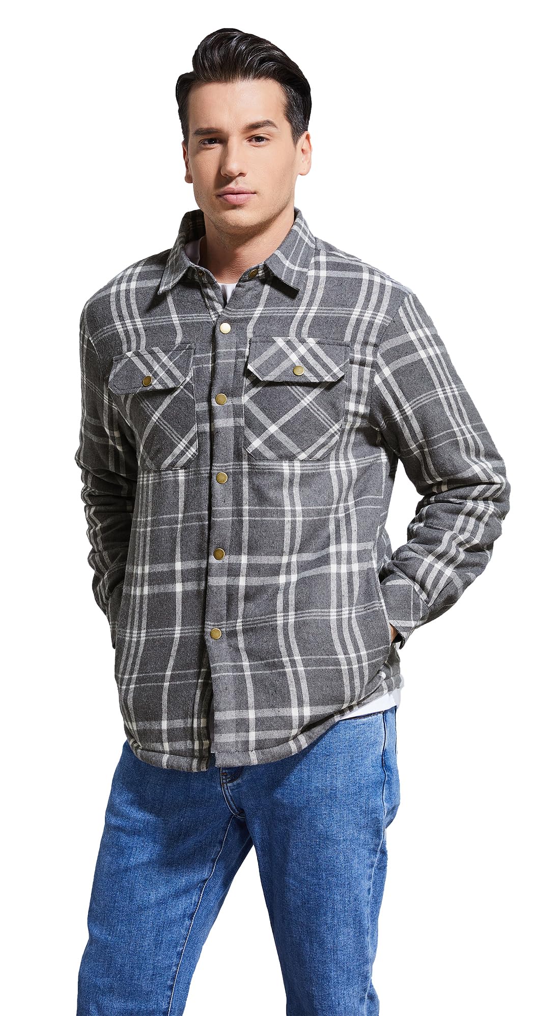 Puwasa Men's Sherpa Lined Cotton Flannel Shirt Jacket Plaid Button Up Jacket Coat for Men with Pocket Grey Large Tall