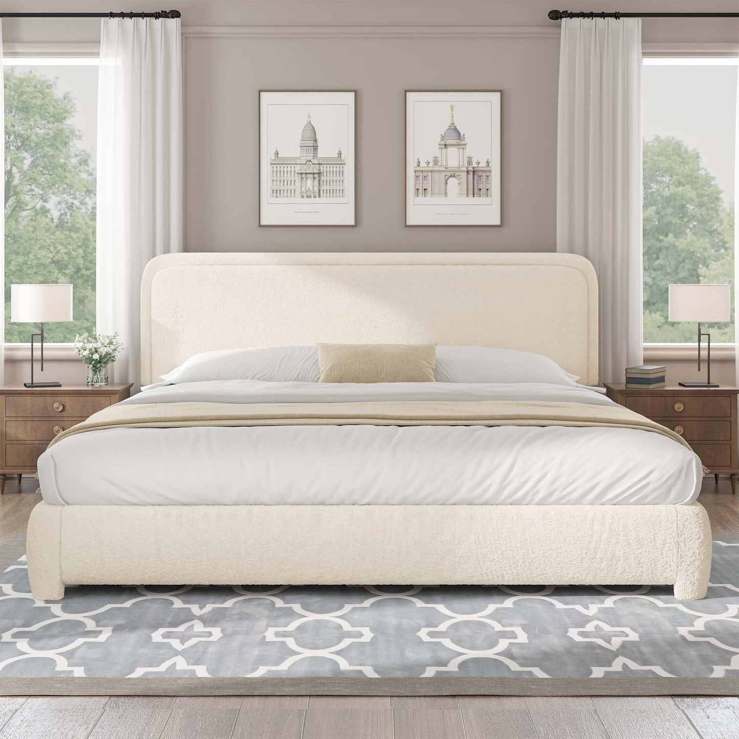 BarnFurin Boucle Upholstered California King Bed Frame/Soft Rounded Corners Headboard/Low Profile Bed Frame/No Box Spring Needed/Cream