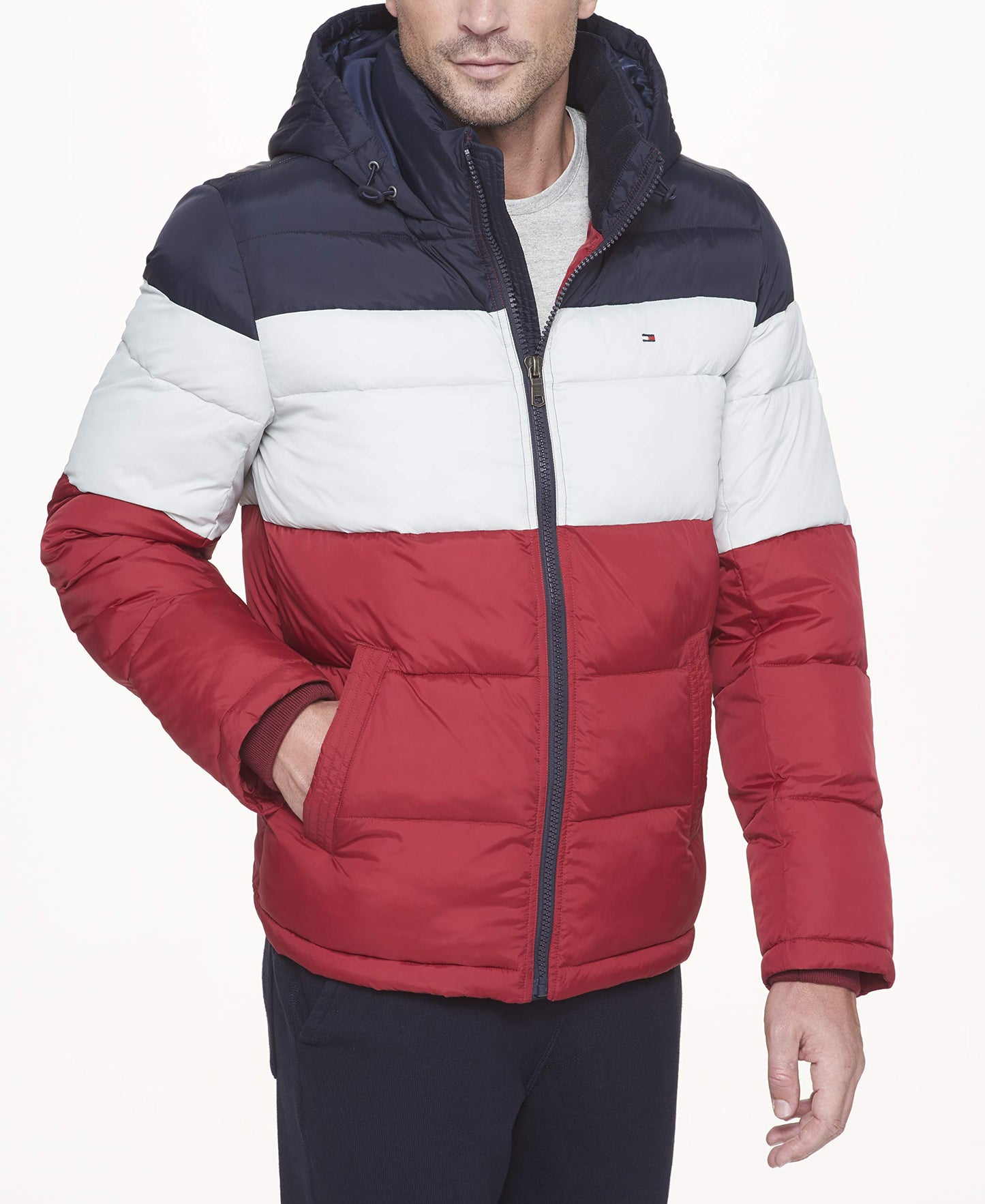 Tommy Hilfiger Men's Classic Hooded Puffer Jacket (Standard and Big & Tall), midnight/white/red, 3X-Large Tall