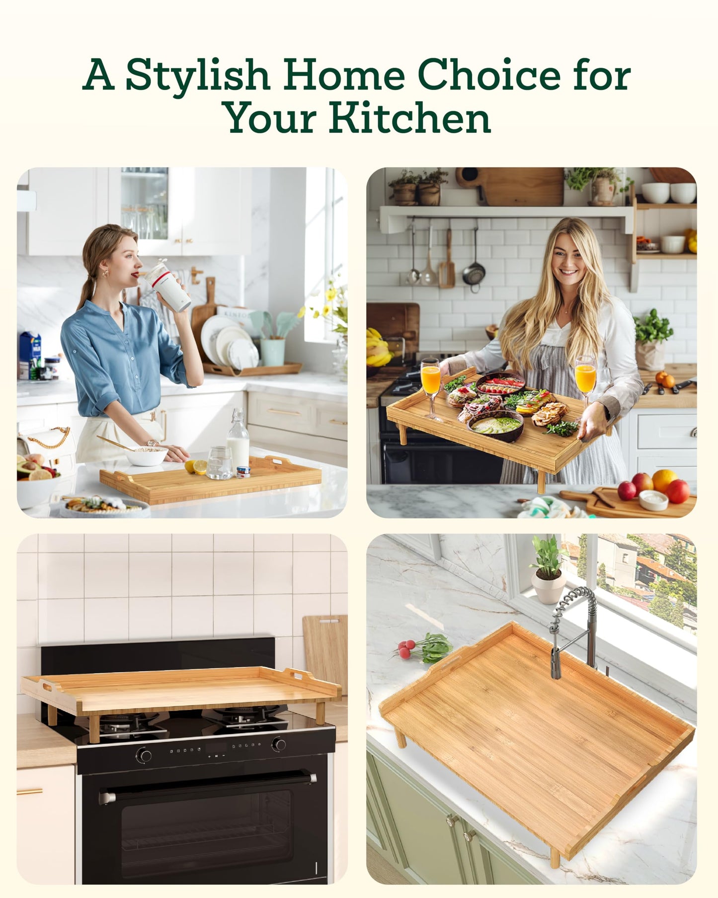Gas Stove Cover with Extra Large Cutting Board, 29"L x 22"W Bamboo Noodle Board with Handles and Adjustable Legs for Electric or Gas Top, Counter Space, Sink Cover, or RV Protector