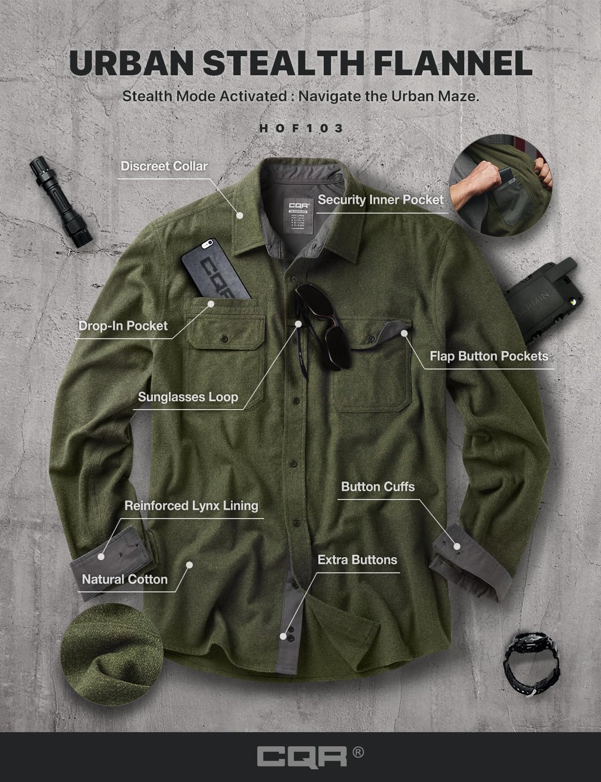 CQR Men's Flannel Button Down Shirts, Soft Cotton Plaid Long Sleeve Tactical Work Shirt, Warm Outdoor Essential with Pocket, Stealth Hunter Green, 3X-Large Tall