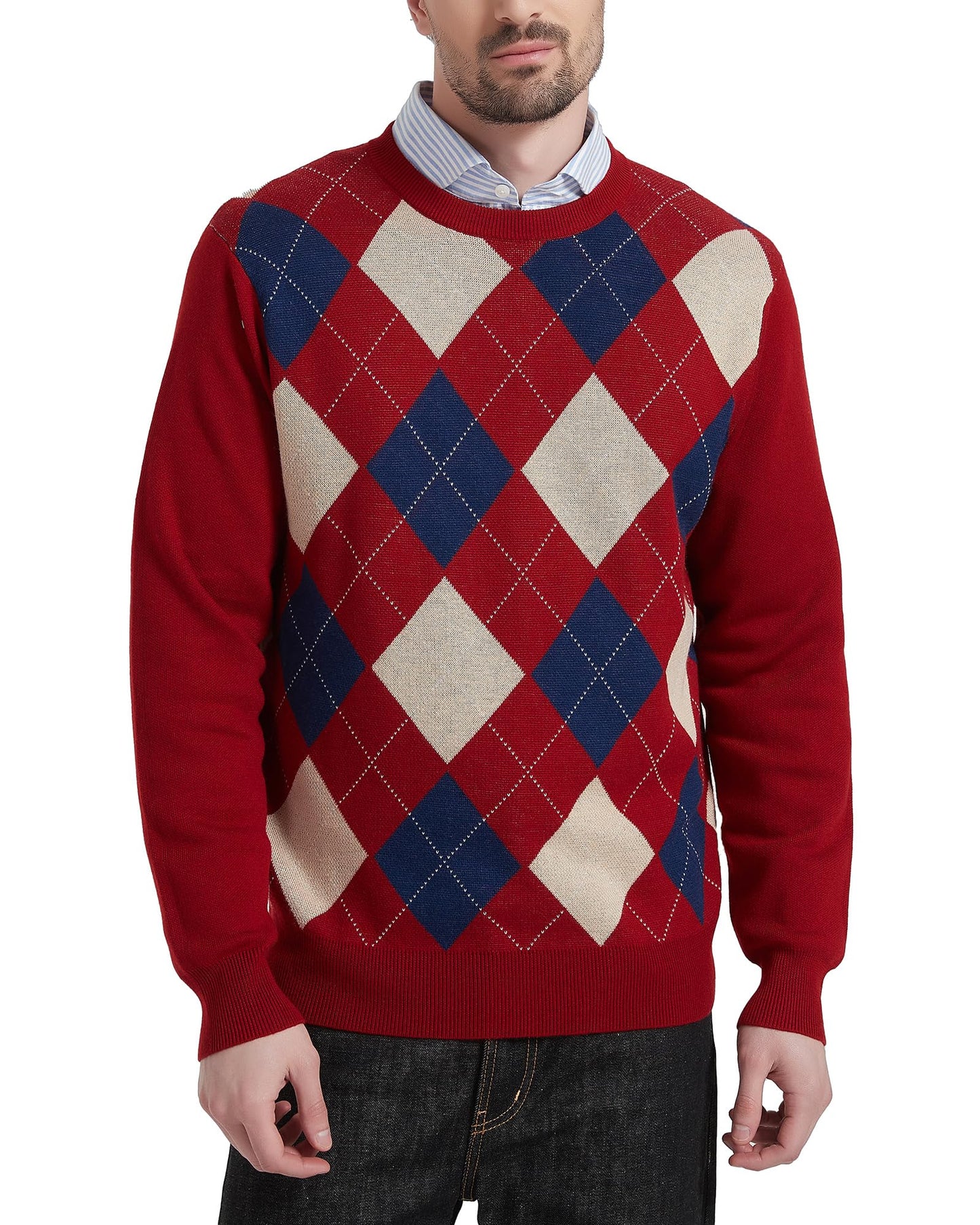 Kallspin Men's Wool Blend Crewneck Sweater Argyle Long Sleeve Pullover Sweater for Casual Or Dressy Wear(Burgundy Red,3XL-Tall)