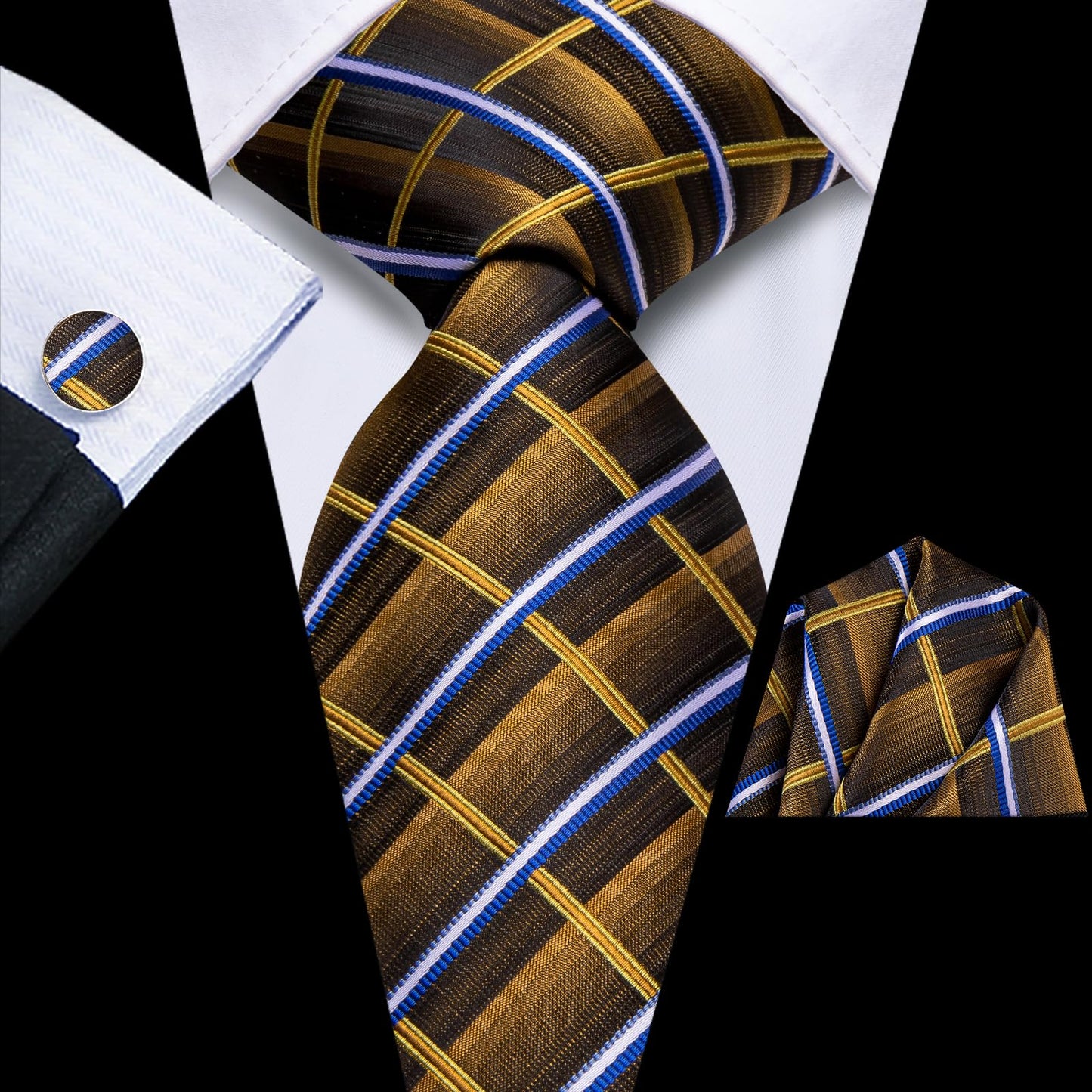 Hi-Tie 70'' Extra Long Ties for Men Silk Navy Brown Mens Ties Set and Pocket Square Cufflinks Checks Necktie for Business