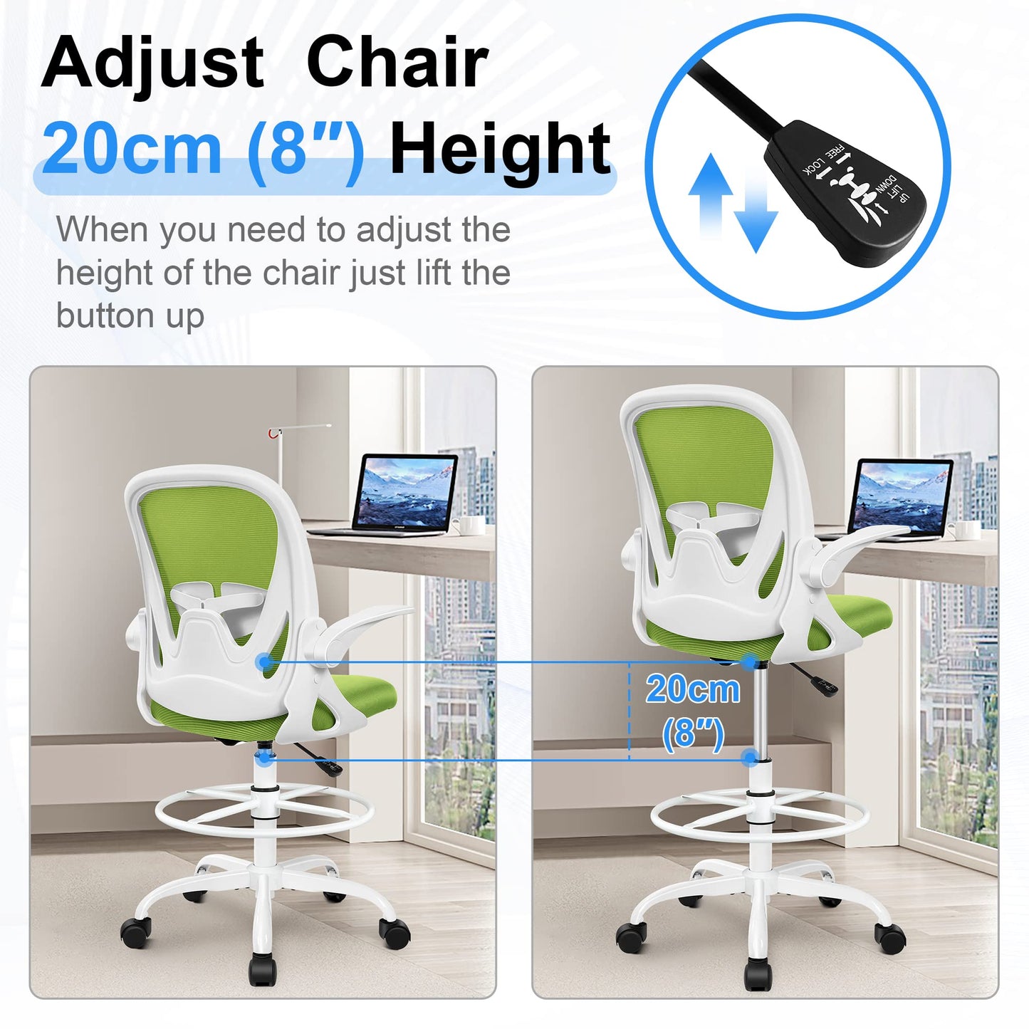 Primy Drafting Chair Tall Office Chair with Flip-up Armrests Executive Ergonomic Computer Standing Desk Chair with Lumbar Support and Adjustable Footrest Ring (Green)