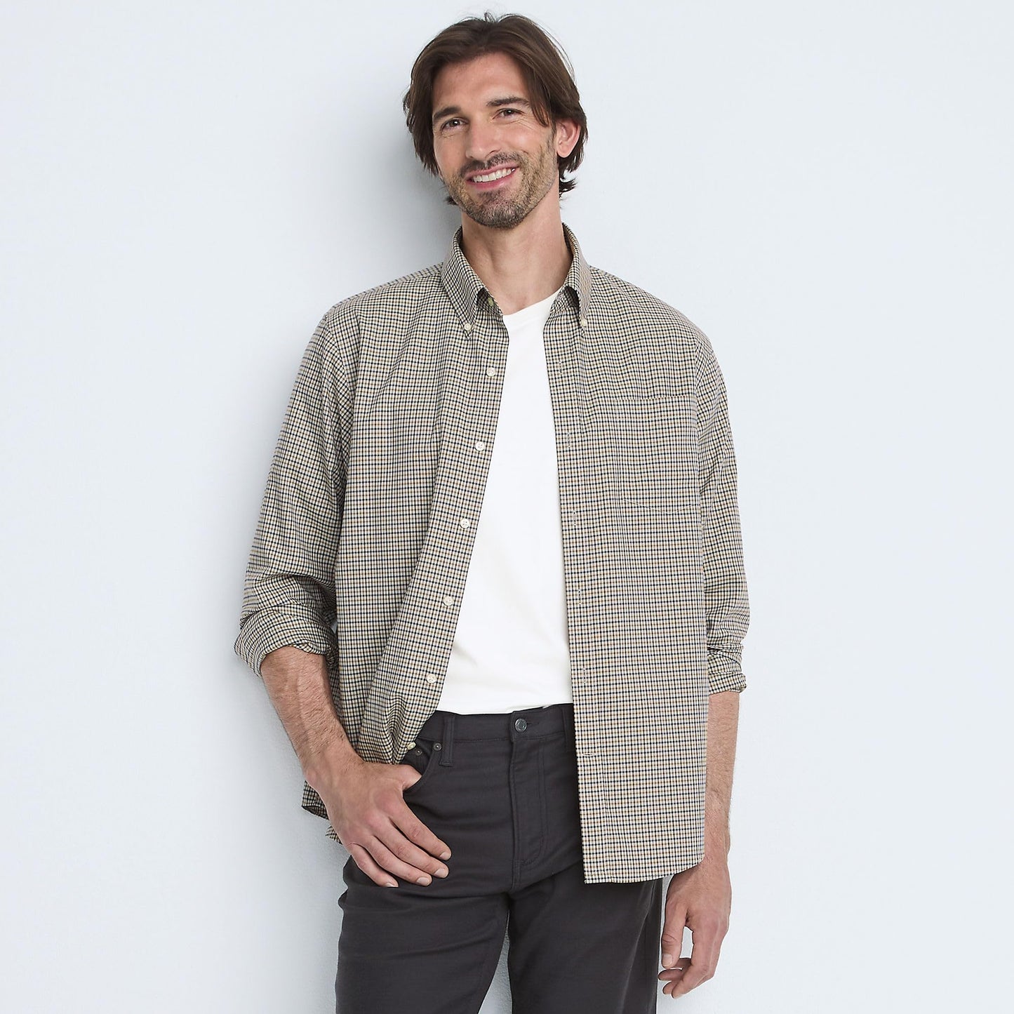 Lands' End Mens Traditional Fit No Iron Twill Shirt Light Mushroom Check Tall XX-Large