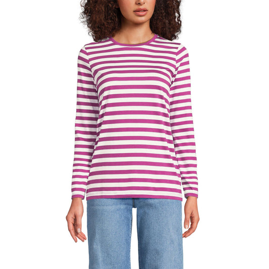 Lands' End Womens Long Sleeve Relaxed Supima Cotton Crew Neck T Shirt Light Raspberry Even Stripe Tall X-Large