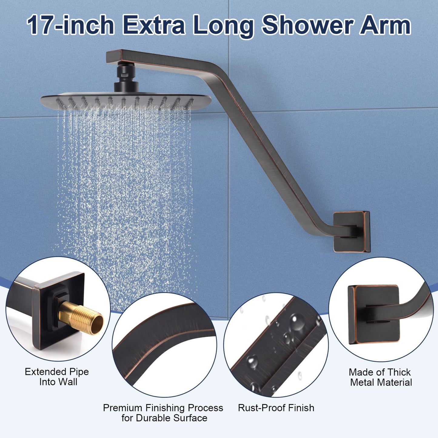 Square Shower Head Extension Arm with Flange, 16.5 Inch Z/S Shaped High Rise Shower Pipe Extender Wall-Mounted for Fixed Bathroom, Shower Head Goose Neck Arm - Extra Long Thread (Oil Rubbed Bronze)