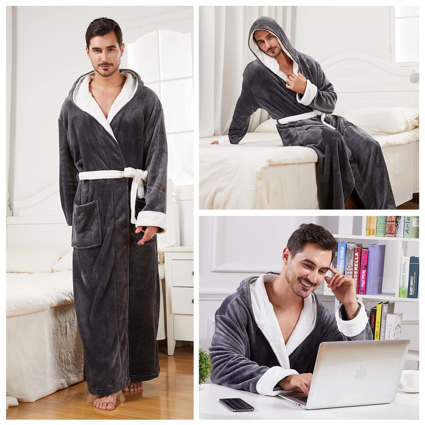 FashGudim Mens Robes Big and Tall with Hood Two-Tone Flannel Fleece Contrast Bathrobe Full Length Plush Long Robe Warm House Coat (Grey & White, L/XL)