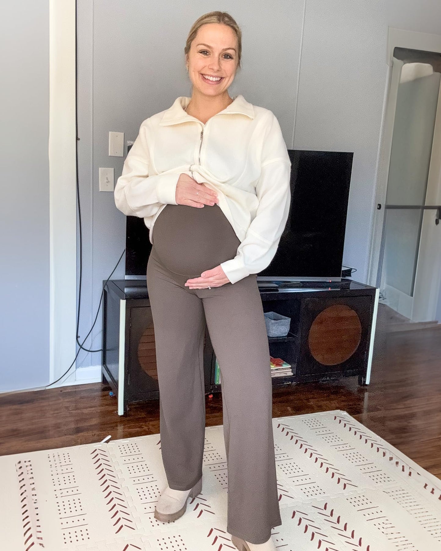 G4Free Woman Maternity Lounge Pants Over The Belly High Waist Wide Leg Pregnancy Yoga Pants for Workout Active Wear(Taupe,XS,34")