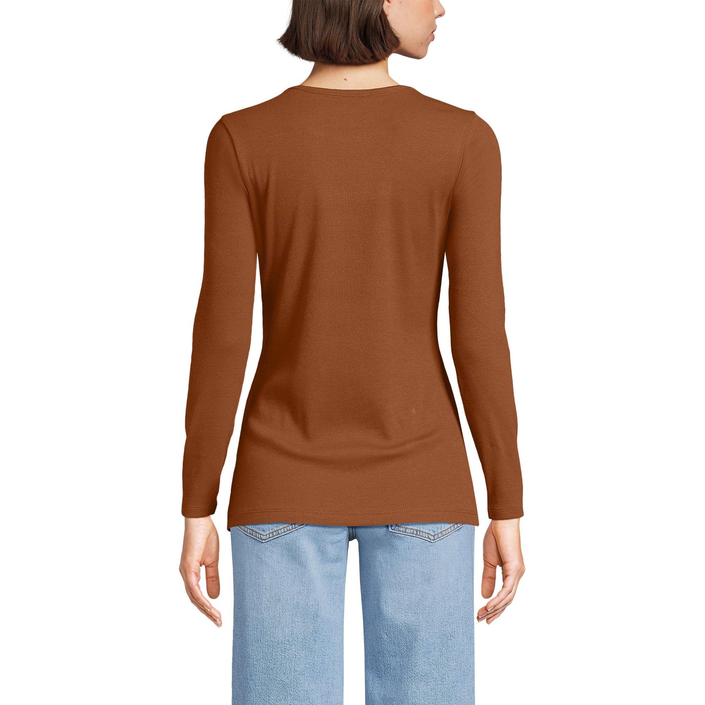 Lands' End Womens Long Sleeve Micro Rib Crew Rich Ginger Brown Tall Medium