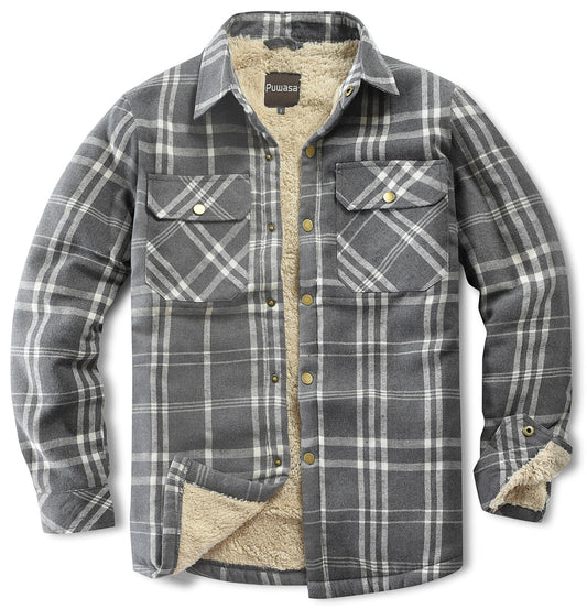 Puwasa Men's Sherpa Lined Cotton Flannel Shirt Jacket Plaid Button Up Jacket Coat for Men with Pocket Grey Large Tall