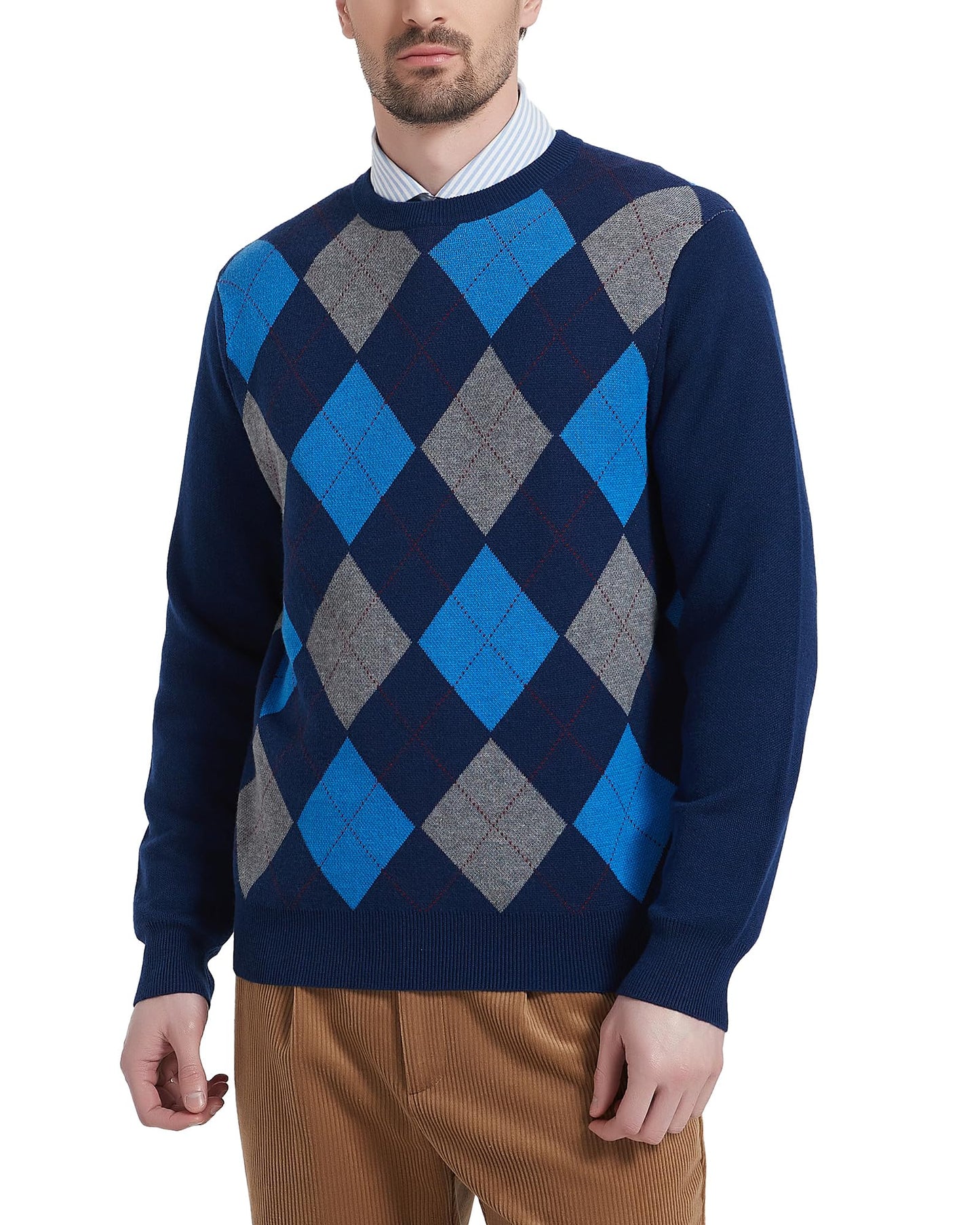 Kallspin Men's Wool Blend Crewneck Sweater Argyle Long Sleeve Pullover Sweater for Casual Or Dressy Wear(Navy Blue,L-Tall)