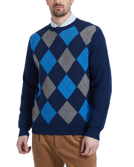 Kallspin Men's Wool Blend Crewneck Sweater Argyle Long Sleeve Pullover Sweater for Casual Or Dressy Wear(Navy Blue,3XL-Tall)