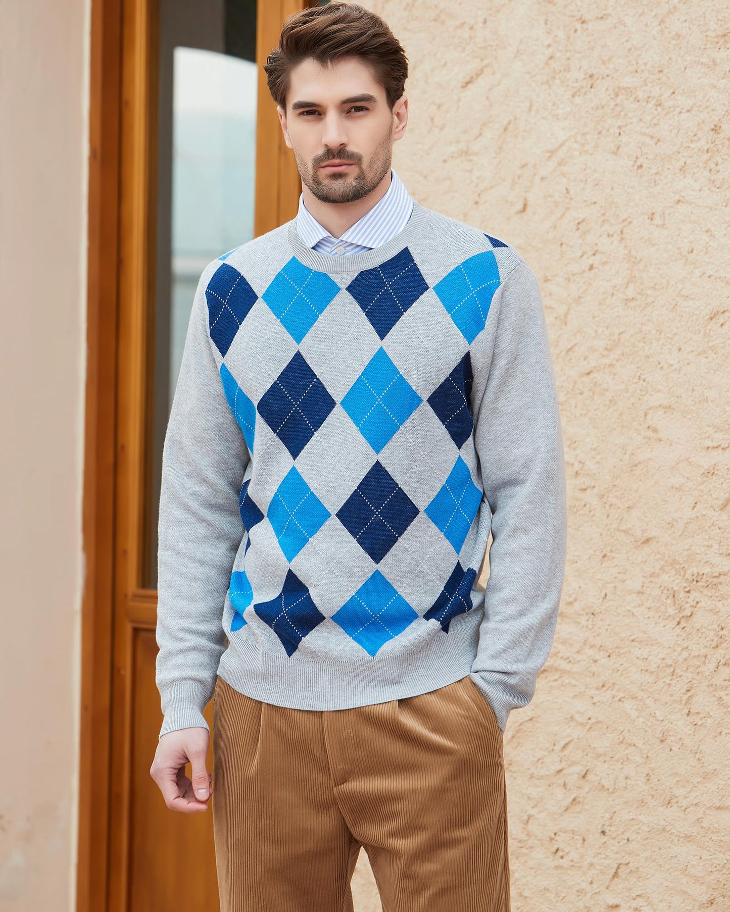 Kallspin Men's Wool Blend Crewneck Sweater Argyle Long Sleeve Pullover Sweater for Casual Or Dressy Wear(Light Grey,2XL-Tall)