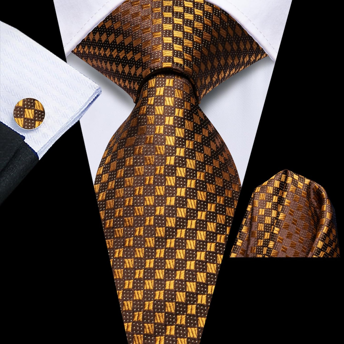Hi-Tie Deep Gold Extra Long Men's Ties Set 70'' Silk Ties for Men Dress Necktie and Pocket Square Cufflinks for Wedding