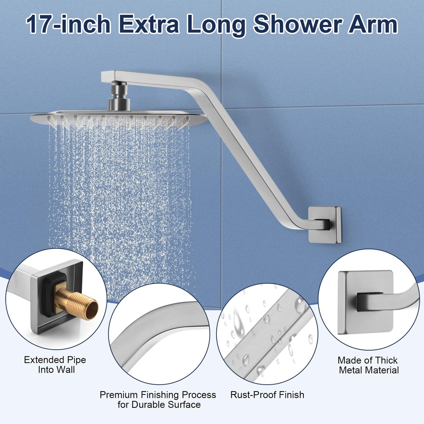 Square Shower Head Extension Arm with Flange, 16.5 Inch Z/S Shaped High Rise Shower Pipe Extender Wall-Mounted for Fixed Bathroom, Shower Head Goose Neck Arm - Extra Long Thread (Brushed Nickle)