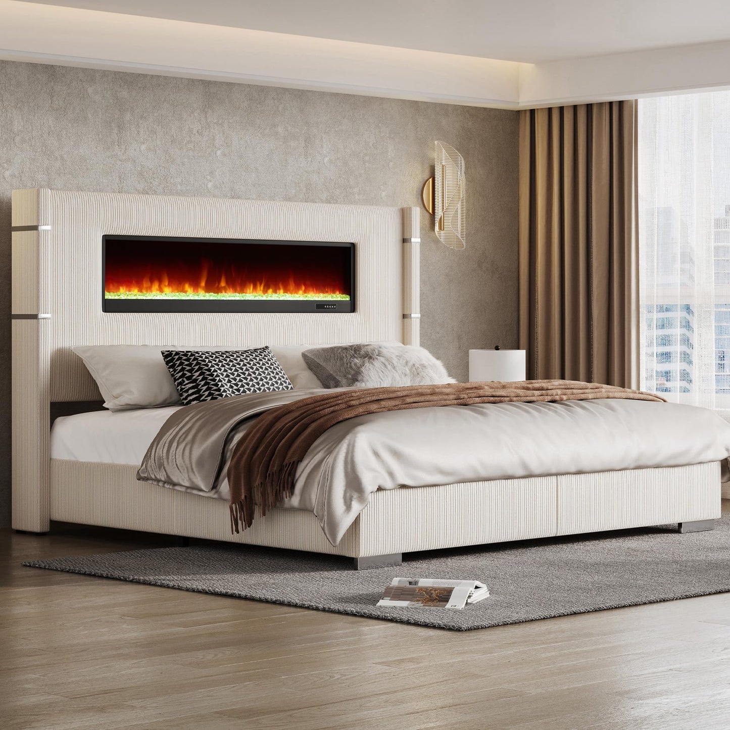 AMERLIFE Modern California King Size Bed Frame with Fireplace, Wingback Platform Bed Frame with 60.4“ Extra Tall Headboard, Corduroy Upholstered Bed Frame Wooden Slats/No Box Spring Needed, Beige