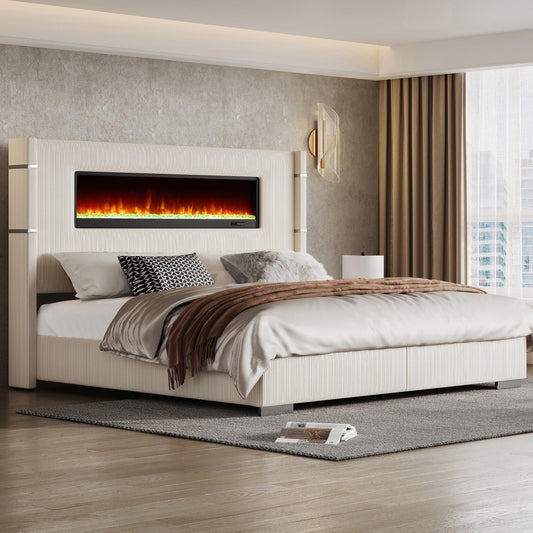 AMERLIFE Modern California King Size Bed Frame with Fireplace, Wingback Platform Bed Frame with 60.4“ Extra Tall Headboard, Corduroy Upholstered Bed Frame Wooden Slats/No Box Spring Needed, Beige