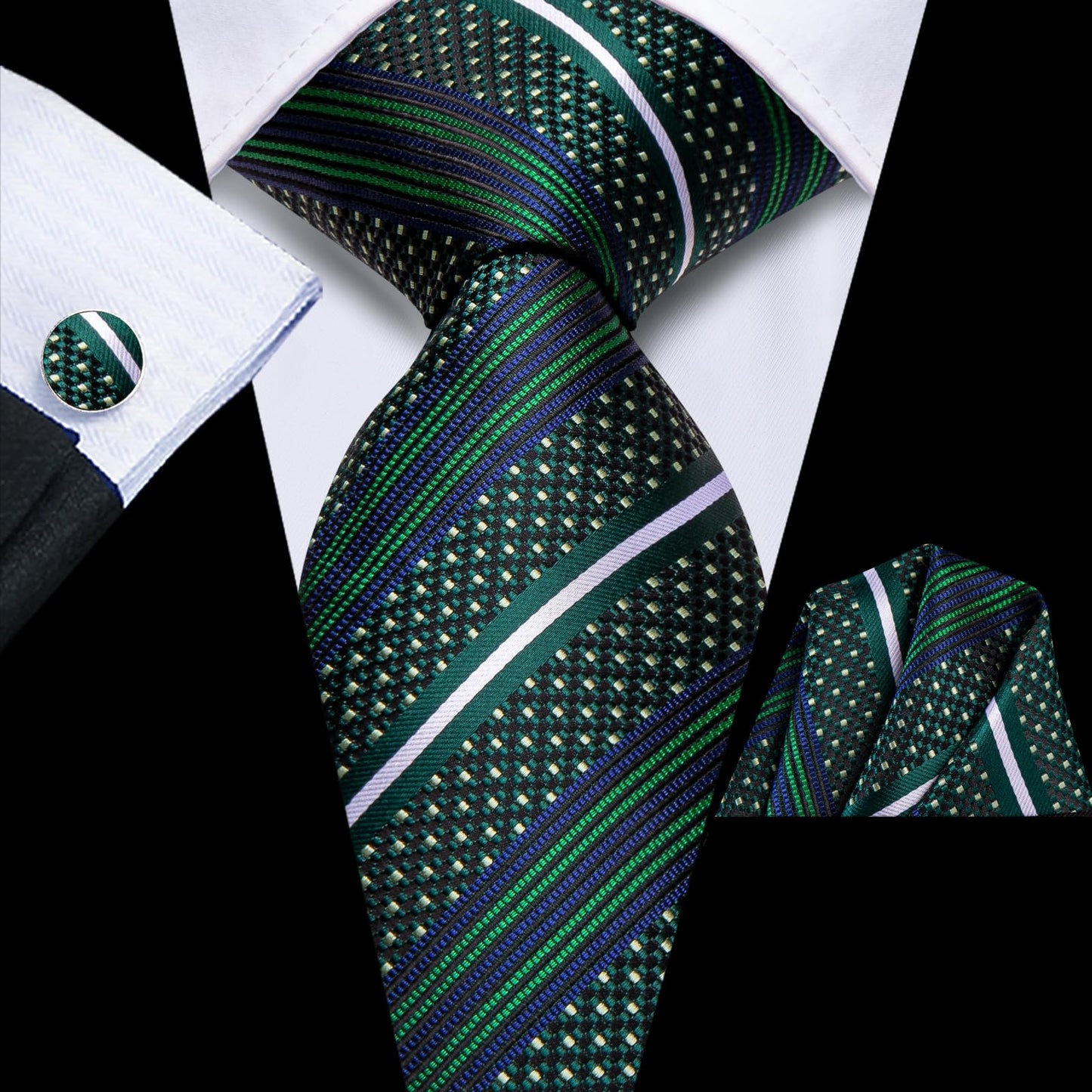 Hi-Tie Green Blue Extra Long Ties for Men Silk 70'' Mens Long Ties Set and Pocket Square Cufflinks Striped Neckties