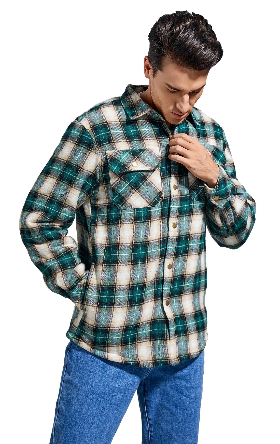 Puwasa Men's Cotton Flannel Shirt Jacket Long Sleeve Fleece Casual Button Down Plaid Jacket Brushed Soft Outdoor Coat with Pocket Green X-Large Tall
