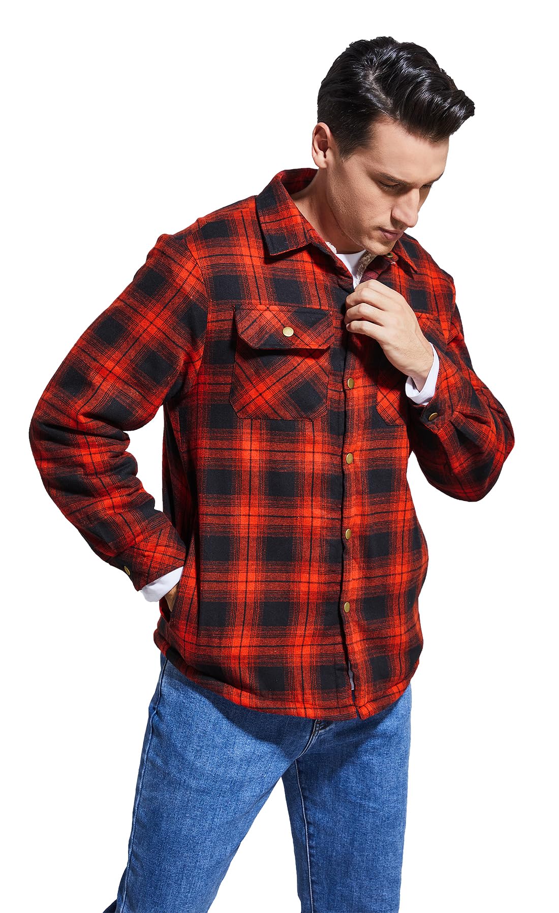 Puwasa Men's Sherpa Lined Cotton Flannel Shirt Jacket Plaid Button Up Jacket Coat for Men with Pocket Red X-Large Tall