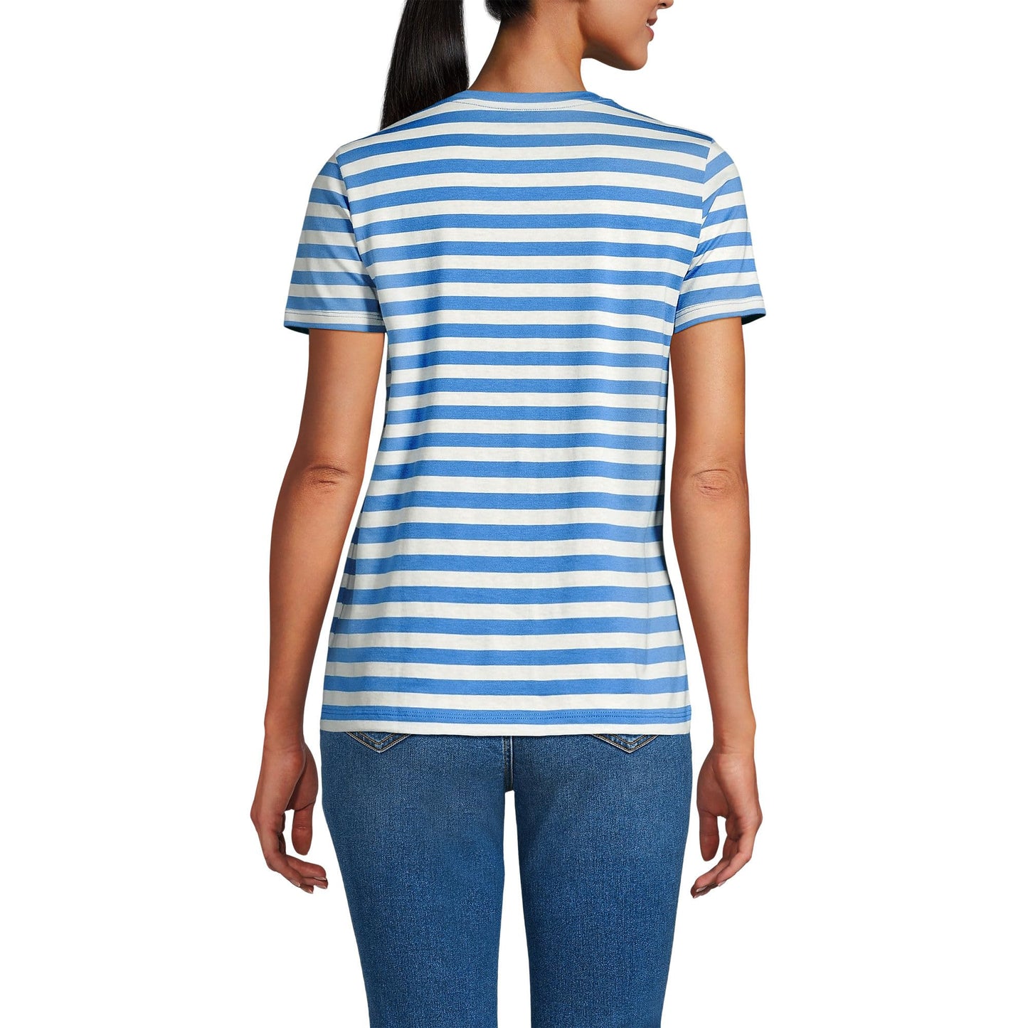 Lands' End Womens SS Relaxed Supima V Neck T Shirt Muted Cobalt Even Stripe Tall Medium