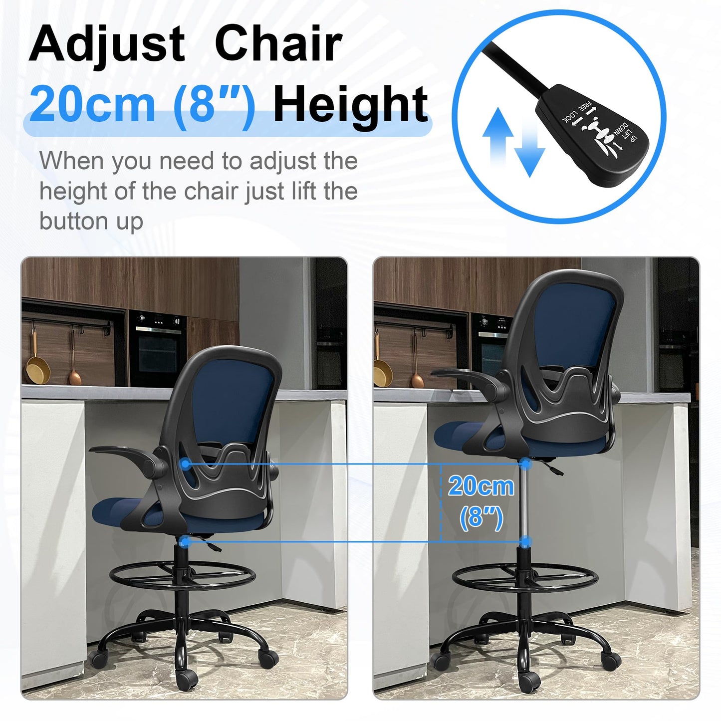 Drafting Chair, Tall Office Chair Ergonomic Standing Desk Chair,with Adjustable Footrest Ring, 3D Lumbar Support, Flip-up Armrests, Swivel Desk Stool for Drawing Working Navy