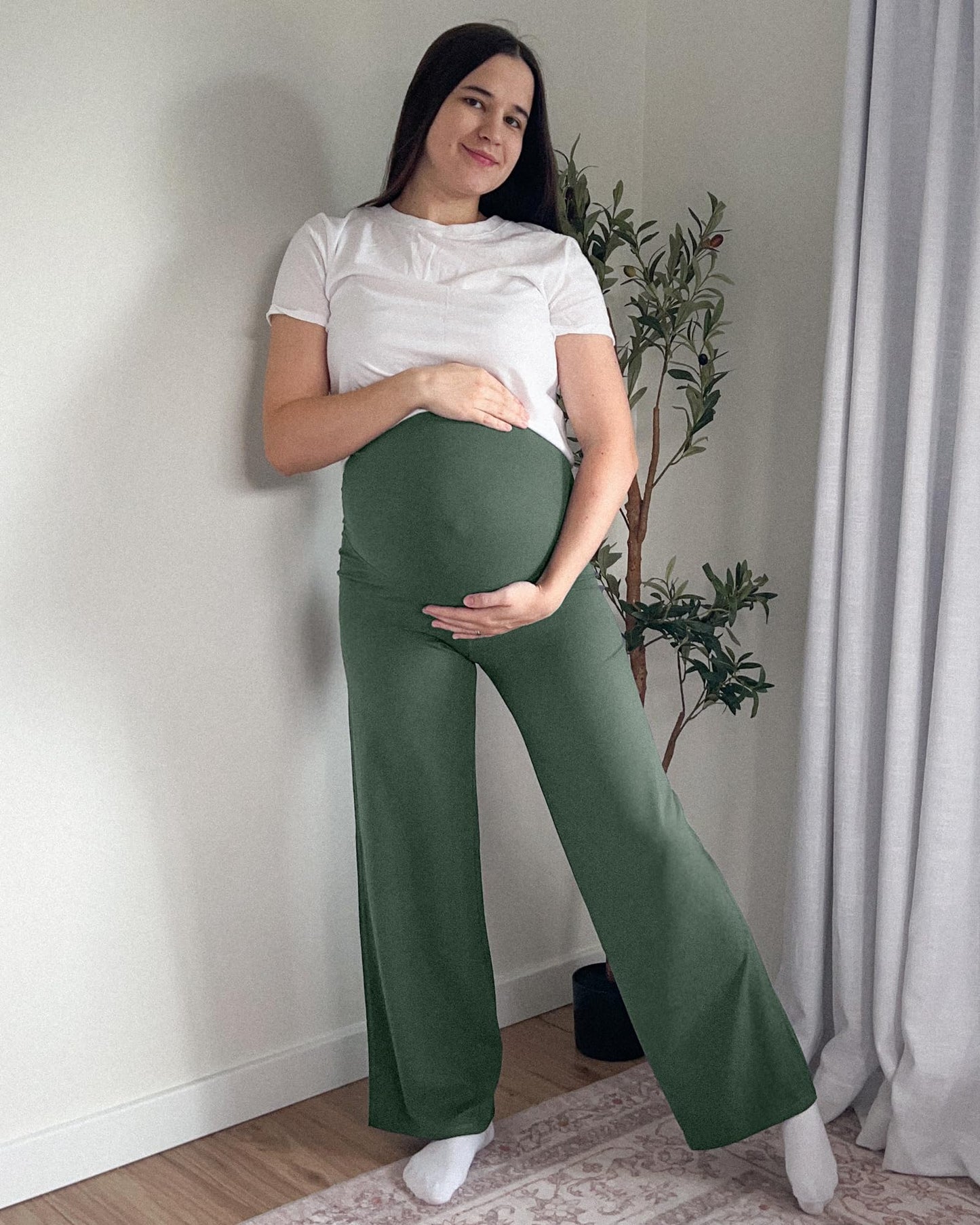 G4Free Pregnancy Pants Over The Bump High Waist Maternity Clothes for Women Strechy Business Casual Lounge Trousers (Gray Sage,XXL,32")