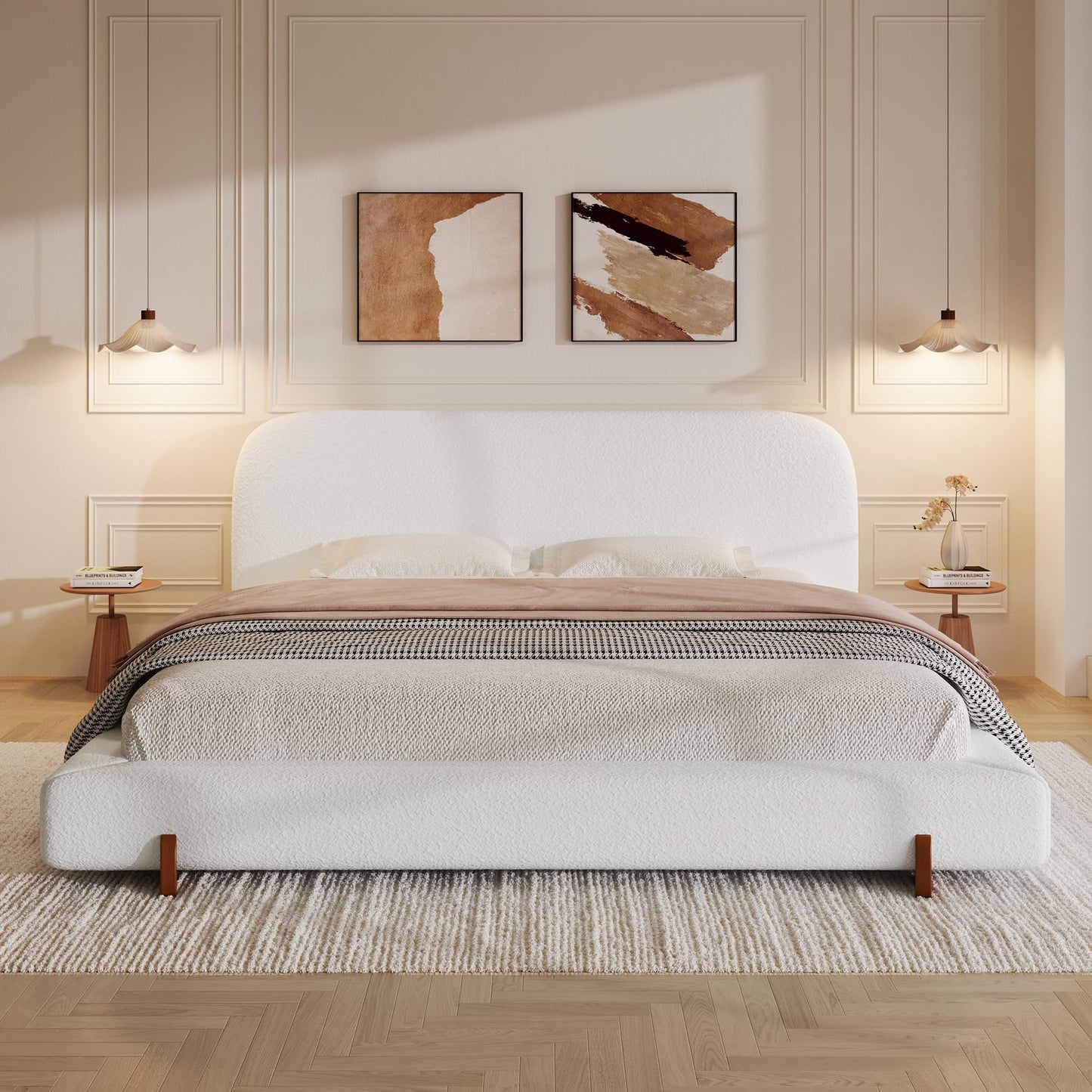 GDFStudio California King Upholstered Bed Frame, Unique Design with 4-Inch Thick Sides and Brown Rubber Wood Legs, White Chenille Fabric, Durable and Stylish Platform Bed for Home Décor