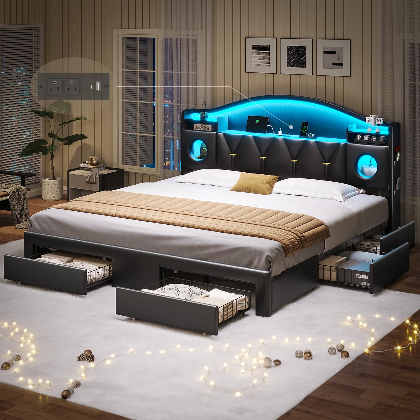 California King Bed Frames, Cal King Bed Frame with Storage Headboard & 6 Drawers, Platform Bed with with LED Lights & Charging Station, Noise-Free, No Box Spring Needed, Easy Assembly, PU Black