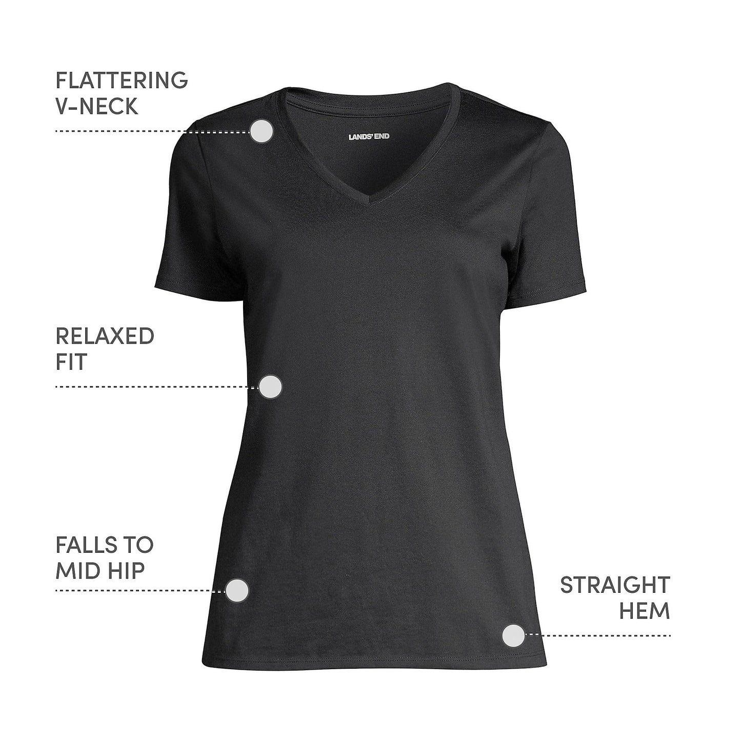 Lands' End Womens SS Relaxed Supima V Neck T Shirt Black Tall Large