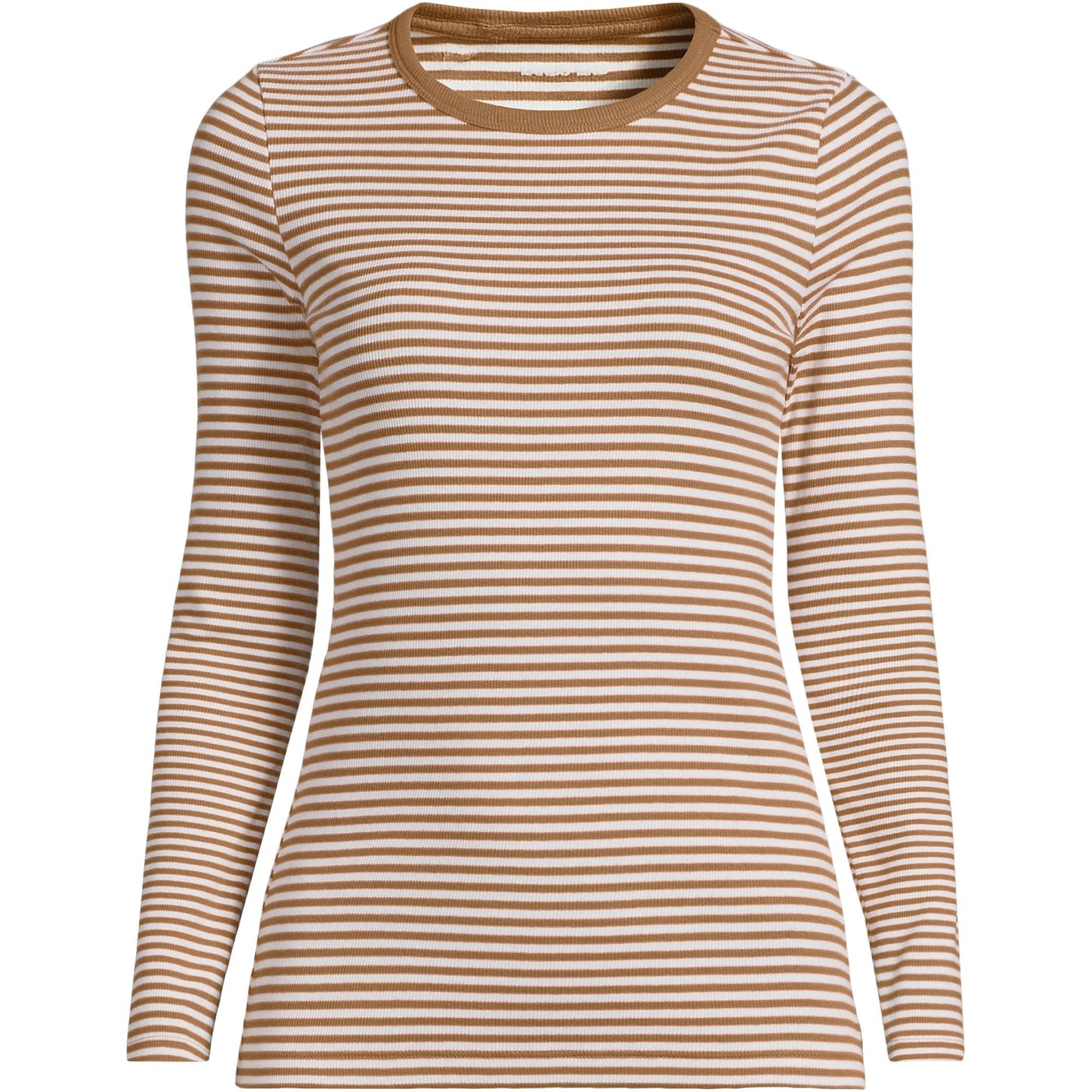 Lands' End Womens Long Sleeve Micro Rib Crew Canyon Camel Tiny Stripe Tall Medium
