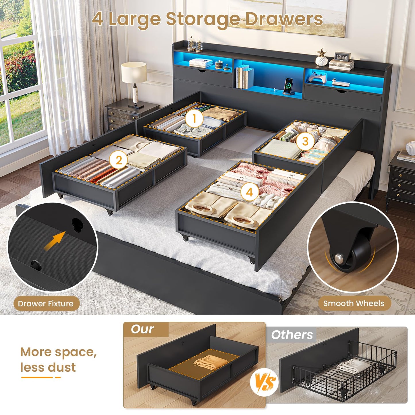 DICTAC California King Bed Frame with Bookcase Headboard and Storage, 4 Large Drawers, Wooden Platform Bed Frame with LED Lights, Charging Station, Strong Metal Slats, No Box Spring Required, No Noise