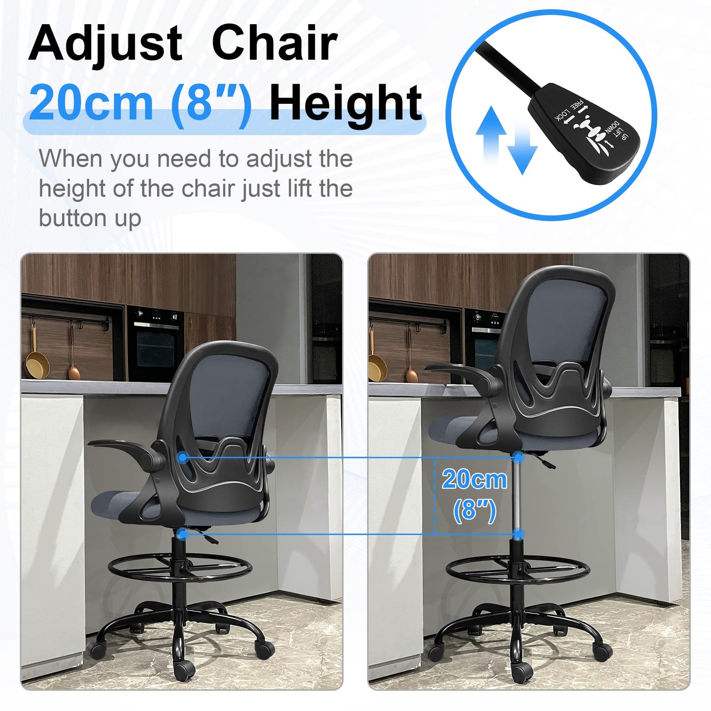 Primy Drafting Chair Tall Office Chair with Flip-up Armrests Executive Ergonomic Computer Standing Desk Chair with Lumbar Support and Adjustable Footrest Ring（Dark Gray）