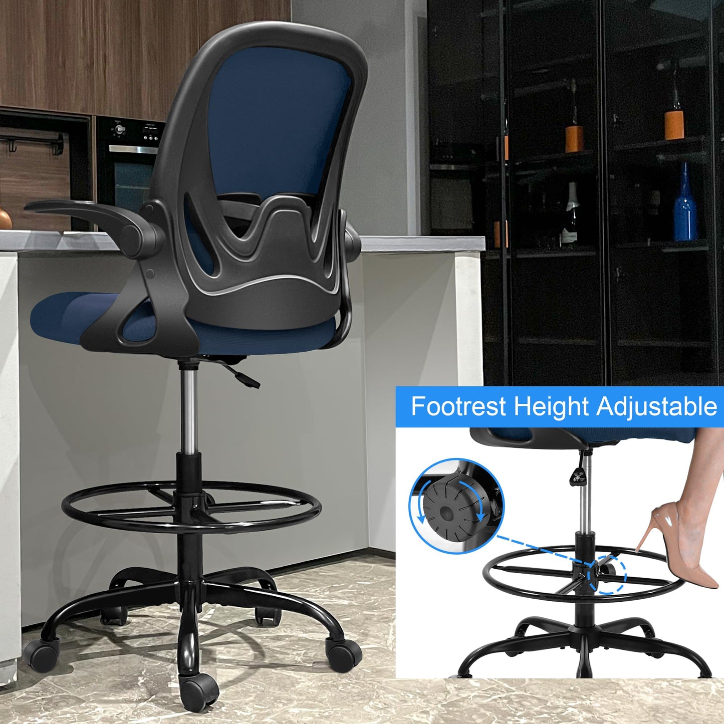 Drafting Chair, Tall Office Chair Ergonomic Standing Desk Chair,with Adjustable Footrest Ring, 3D Lumbar Support, Flip-up Armrests, Swivel Desk Stool for Drawing Working Navy