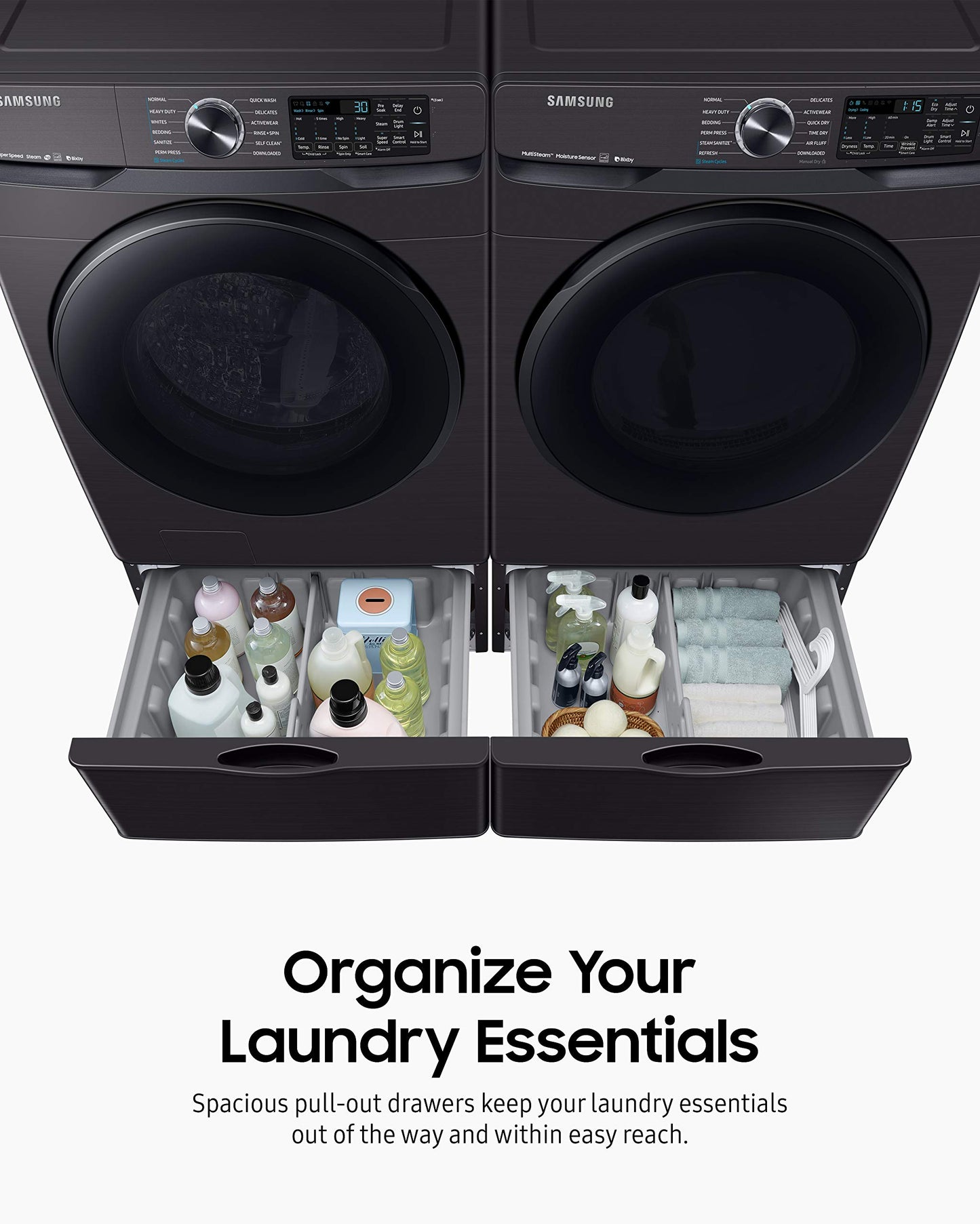 SAMSUNG 27-Inch Washer Dryer Pedestal Stand w/ Pull Out Laundry Storage Drawer, Stainless Steel, WE402NV/A3, Brushed Black